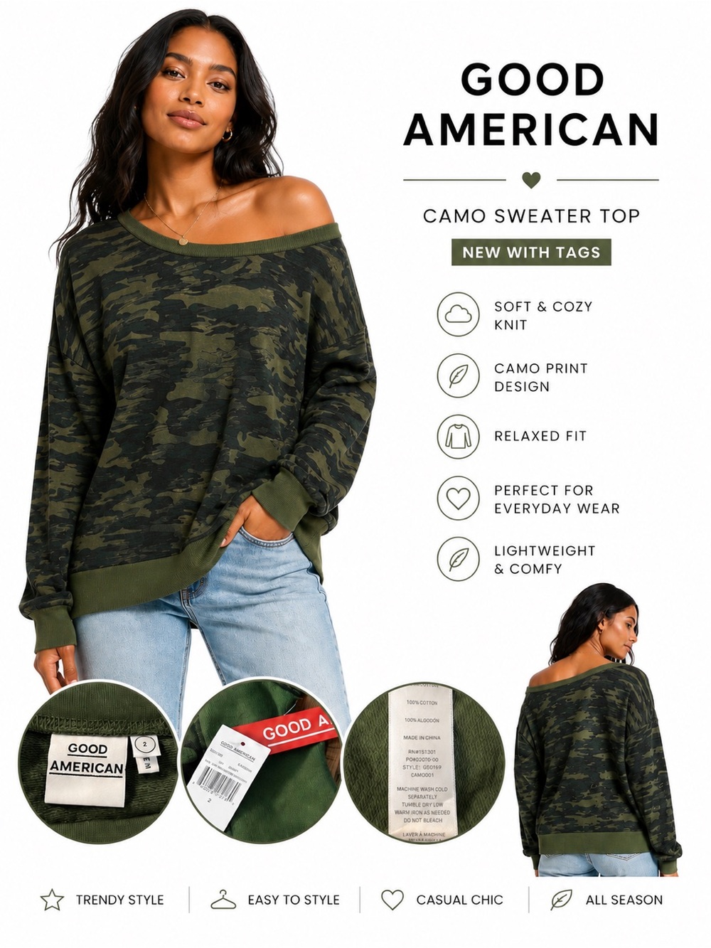 Good American NWT Camo Sweatshirt Olive Green Relaxed Cotton Top Medium